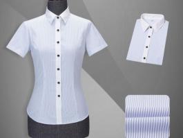 嘉兴女士衬衫定制款-TC110A57-蓝条纹CVC短袖正规领女衬衫