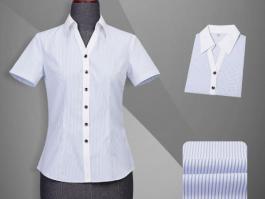 夏季职业女衬衫-女短袖V领衬衫TC110B57-蓝条纹CVC短袖V领女衬衫